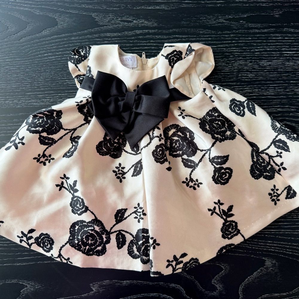 Iris & Ivy Ivory Dress with Black Floral Flock and Bow Accent